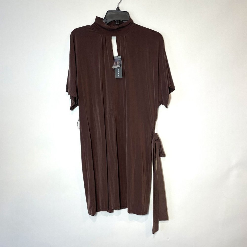 lola & sophie Belted Cupro Mini Dress Womens S Brown Keyhole Short Sleeve‎ NEW